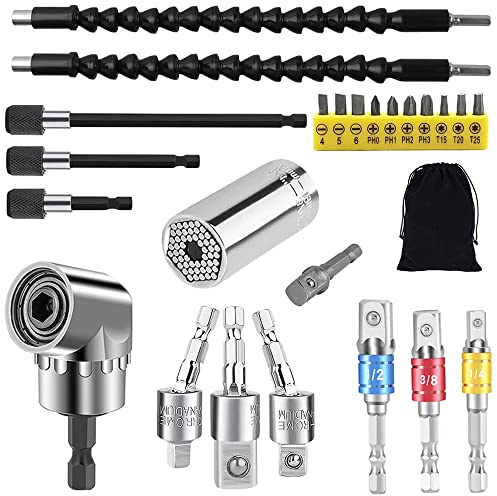 Flexible Drill Bit Extension and Universal Socket Wrench Tool Set, Hex Shank 105° Right Angle Drill Attachmen, 3pcs 1/4 3/8 1/2 Universal Socket Adapter Set and Screwdriver Bit Kit