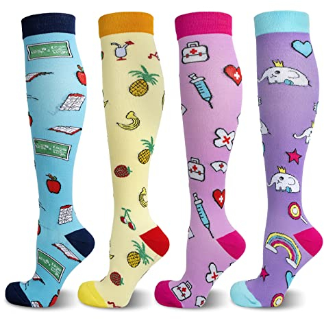 LEOSTEP Calzini a compressione per uomini e donne, 4 paia, calzettoni contenitivi lunghi e antiscivolo, ideali per corsa, infermieri, viaggi, volo, gravidanza, 20-30 mmHg