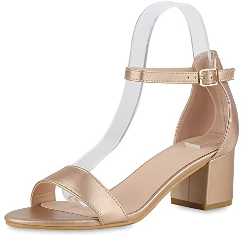 VAN HILL Damen Klassische Sandaletten Blockabsatz Schuhe Leder-Optik Abendschuhe Elegante Mid Heels Riemchenschuhe 211199 Rose Gold 41