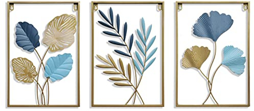 MKUN Sculture da parete in ferro, set di 3 grandi dimensioni, rettangolari in metallo, decorazione da parete con ginkgo biloba, ideali per la decorazione di casa e hotel (blu oro)