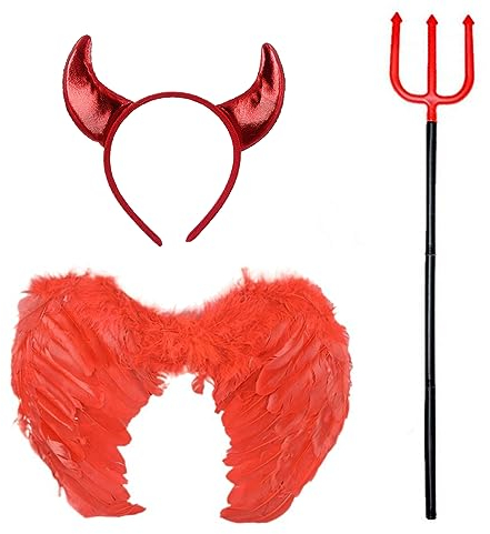 XNHIU 3pcs Devil Costume Set Angel Wings Devil Horns Headband Devil Fork Halloween Fancy Dress Costume for Kids or Adults Halloween Carnival Party Costume