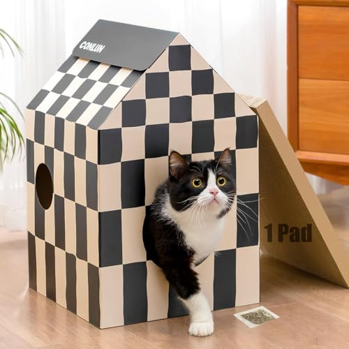Conlun Cardboard Cat House with Scratching Board & Catnip, Cat Play Scratch House for Indoor Hideaway Furniture, Heavy Duty Sturdy Cardboard Scratcher, Easy to Assemble Birthday Gift, Medium