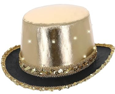 Smiffys Sombrero de copa metalizado con luz LED, dorado, Borde interior elástico y ala con lentejuelas