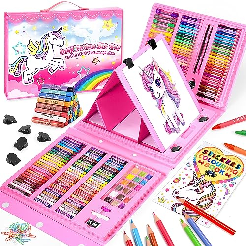HappyGoLucky Geschenk Mädchen 4 5 6 7-10 Jahre, Malset für Kinder Einhorn Weihnachts Geschenke für Kinder Coole Sachen für Teenager Mädchen Buntstifte Set Wachsmalstifte Malkasten Mädchen Spielzeug