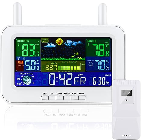 AOZBZ Stazione Meteo con Sensore Esterno, Display a Colori, Orologio Radiofonico DCF, Previsioni del Tempo, Barometro, Fasi Lunari, Termometro Interno ed Esterno, Igrometro (Bianco)