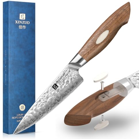XINZUO Acciaio Giapponese AUS-10 13cm Coltello Multiuso,Acciaio Damasco Coltello Universale Finitura Martellata Coltelli per Sbucciare Cucina Coltello Frutta Spelucchino-Manico in Legno di Noce Nero