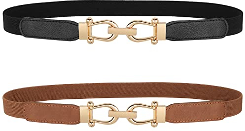 WERFORU 2 Stück Frauen Dünner elastischer Gürtel für Kleider Dünne Retro Stretch Taille Gürtel mit goldener Schnalle