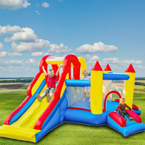 Ballsea Castello gonfiabile gonfiabile con scivolo lungo, parco giochi per interni ed esterni, certificato di sicurezza, diverse aree di gioco, per bambini 3-10 anni, 375 x 305 x 195 cm (con ventola)