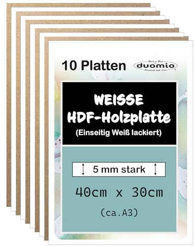 (10 Platten, A3, 5mm) Hochwertige HDF Hochverdichtete Faserplatten - Einseitig Weiß lackiert, besser als MDF Platten dicker, stabiler, günstiger 5mm; ideales Holz zum Basteln, bedrucken/Lasercut
