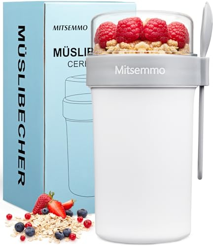 Mitsemmo Cereal Cup On The Go,760ml+230ml Breakfast Pots to Go,Yogurt and Granola Pot With Sauce Container,Travel Cereal Bowl and Milk Container for Work,Reusable Overnight Oats Jar with Lid & Spoon