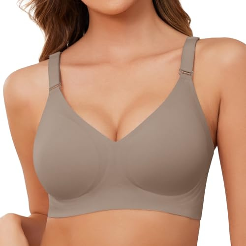 TOMEEK Reggiseno Senza Ferretto da Donna, Cuciture Comodo Reggiseno Scollo a V Bustino con Imbottitura Comfy Bralette Seamless Cinghie Regolabili Base Top Corsetto(Grigio,S)