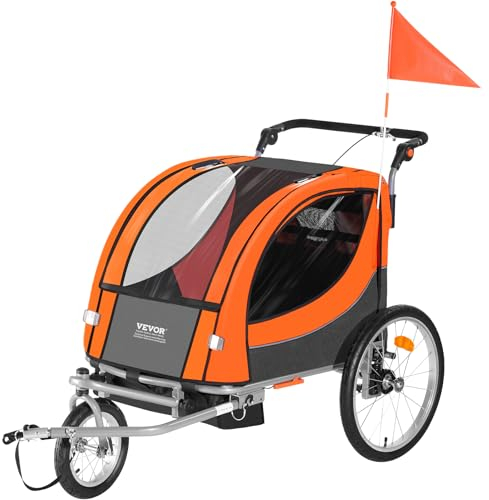 VEVOR Fahrradanhänger, Doppelsitz, 40 kg Tragkraft, 2-in-1-Verdeckträger, umbaubar in Kinderwagen, Faltbarer Kinderfahrradanhänger zum Ziehen mit universeller Fahrradkupplung, Orange und Grau