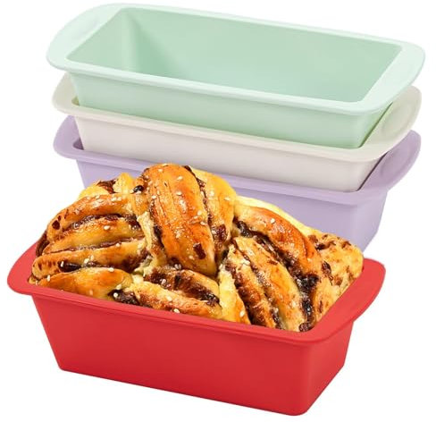 4 Stück Silikon Backformen, Brotbackform Klein Mini Rechteckig, 20 x 9.5 x 5.5cm, Kastenform Backform Kuchenform Silikon Kastenform klein (Rot+Weiß+Lila+Grün, Rechteckig)