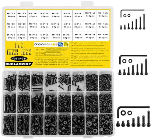 1260 Pcs Vis M2 M3 M4, Boulons Vis à Tête Cylindrique à Six Pans Creux et écrous avec Rondelles, Visserie Inox, Kit Assortiment Vis à Tête Hexagonale et écrous, Boulons et Ecrous et Rondelles(Noir)