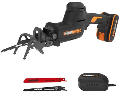 Worx 20V 26mm Nitro Cordless Brushless Pruning Saw – WG893E, Compact & Lightweight, 3,000 SPM, Tool-Less Blade Change, Low Vibration, Detachable A-Hook, Includes 2.0Ah Battery & Charger
