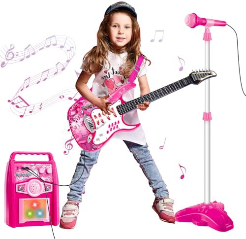 deAO Gitarrenverstärker-Mikrofon-Set für Kinder, Mikrofon mit Ständer, Elektrische Musikgitarre für Kinder- 72.5CM, Musik-Licht-Karaoke-Musikspielzeug, Geburtstagsgeschenk für Jungen und Mädchen