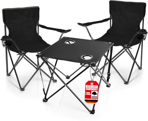 BigDean 2 Stück Campingstühle & Campingtisch faltbar schwarz - Campingtisch mit Stühlen - Faltstuhl Campingstuhl mit Tisch Klapptisch mit Stühlen