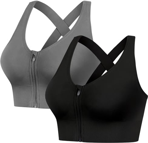 FVXYnnv 2 Pack Sports Bras for Women, Zipper Front Closure Workout Running Bra High Impact Seamless Padded Wireless Yoga Bras (Black Grey, M)