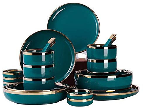 SQMGFA Juego de vajilla de gres esmaltado de Estilo nórdico, Juego de Platos Modernos de Lujo Ligeros, Juego Combinado de Platos para la Cena, Servicio para 6