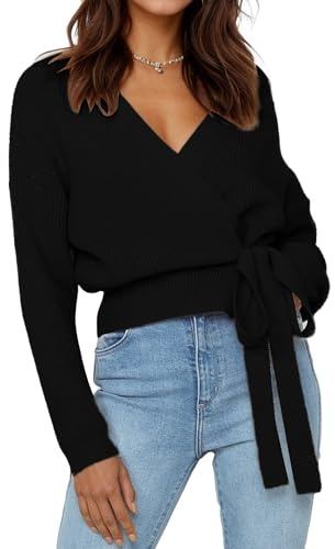 Women's V-Neck Wrap Sweater, Long Sleeve Ribbed Knit Top, Casual Cropped Pullover with Side Tie (US, Alpha, Small, Regular, Regular, Black)