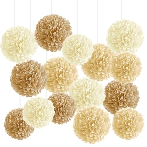 15 Pièces Pompon papier De Soie Decoration Mariage Boheme, 20/25cm Papier Fleur Pompon Brun, Beige, Blanc Boule papier Decorations Pour Wedding Party Anniversaire Chambre Maison Fete