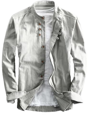 RUMAOZIA Chemise en lin à manches longues Katana pour homme - Style japonais - Couleur unie - Décontractée - Respirant - Classique - Col montant - Coupe ajustée - Lin et coton - Chemise de loisirs