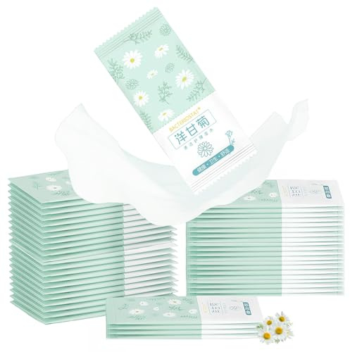 Erfrischungstücher 50 Stück, Feuchte Waschlappen Einzeln Verpackt, Feuchttücher Einzeln Verpackt, Feuchtes Toilettenpapier, Hygienische Reinigungstücher, Kamille, Aloe, Geeignet für Empfindliche Haut