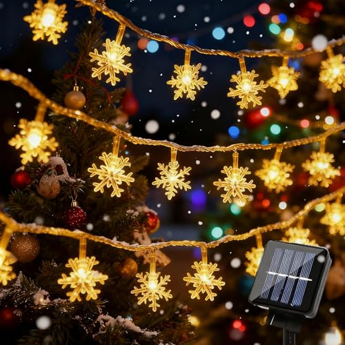 Quintrost Guirlande Lumineuse Extérieure Solaire, 6.5M 30 LED Guirlandes Lumineuses en Flocons de Neige Étanche 8 Modes, Lumière Décoration pour Noël, Jardin, Cour, Fête, Mariage, Anniversaire