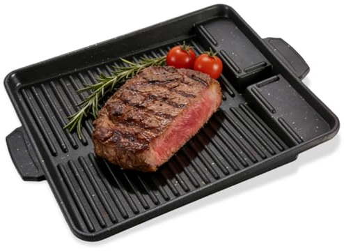 Grillplatta 32 × 26 cm non-stick-belagd, rektangulär grillpanna för gasspis och camping, gjuten aluminiumgrilltillsats röksnål för gasgrill, spis och utomhus BBQ (32 cm)