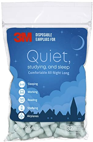 3M Disposable Earplugs For Quiet, Studying & Sleep, 80 Pairs (160 Plugs), Noise Reduction Rating (NRR) 32 dB, Comfortable All Night Long, Light Blue Ear Plugs, Come In Resealable Bag (EPQS-80B-SIOC)