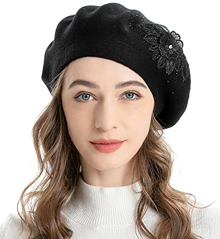 ZLYC Womens French Beret Hat Solid Color Cashmere Mosaic Warm Beret Cap for Girls(Flower Black),One Size