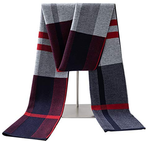 Lallier Herren Schal aus Merinowolle, lange Winterkrawatte mit Geschenkbox, Burgundergrauer Tartan