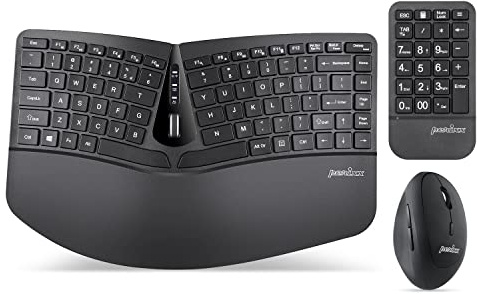 Perixx PERIDUO-606A, 3-i-1 trådlöst kompakt ergonomiskt tangentbord med vertikal mus och numerisk knappsats – justerbart handstöd – lutningshjul – membrannycklar med låg profil – US engelska