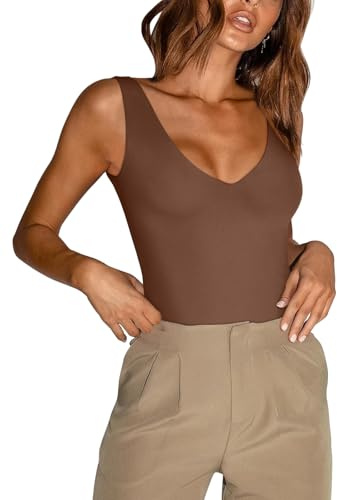 REORIA Womens Bodysuit Deep V Neck Backless Sexy Going Out Tops Brown S