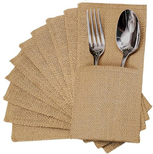FQTANJU Lot de 50 porte-ustensiles et pochette à couverts en toile de jute naturelle, pour serviettes de table et décoration