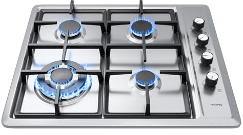 IsEasy Plaque Gaz 4 Feux Inox, Plaque de Cuisson Gaz 4 feux Encastrable, Table de cuisson 60cm, Gazs Ville et Bouteille