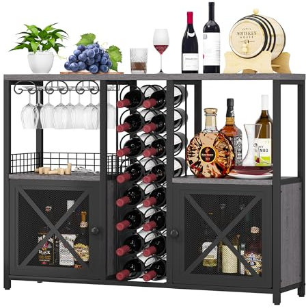Homeiju Mini Bars for Home, Wooden Coffee Bar Cabinet, Modern Liquor Cabinet for Liquor and Glasses, Farmhouse Buffet Wine Bar Cabinet with Storage Sideboard for Home Kitchen Dining Room (Deep Grey)