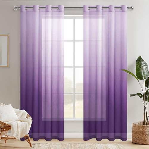 Hiasan Tende con occhielli, in voile, semitrasparenti, per camera da letto e soggiorno, 260 cm x 140 cm (A x L), set da 2 pezzi, colore bianco e viola