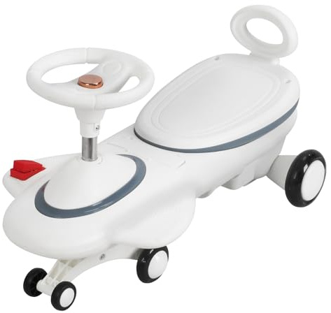 joukares 6.7V Electric Wiggle Car with Pedal, 2-in-1 Baby Swing Car with Flashing Light and Music, 360-Degree Steering, Shock-Absorbing PU Tires, Driving Toys for Toddlers 3-5, 220 Lbs Milky White