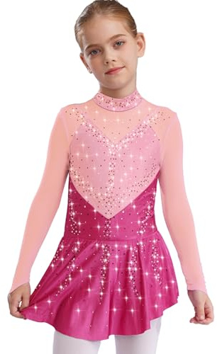 Riismen Niñas Niños Brillo Vestido De Patinaje Artístico Manga Larga Vestido De Ballet Baile Latino Lírico Traje Gimnasia Patinaje Rosa Fuerte 5-6 años
