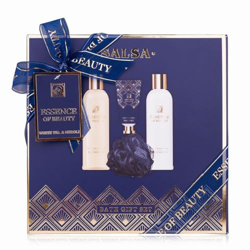 Accentra Set de ducha SALSA ESSENCE OF BEAUTY para mujeres, loción, gel, exfoliante, esponja de malla, aroma Té Blanco y Neroli, empaque de regalo, lujo para damas