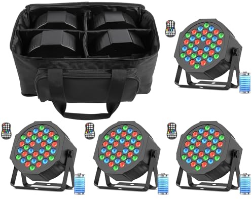 DayFlicker Foco LED a Batería, 4 Pieza, 36 Focos RGB a Batería, Luces Par LED con Paquete de Iluminación, DMX y Control Remoto, Luz de Discoteca para DJs, Festivales y Escenarios