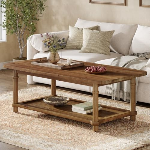 TRIBEWOOD 120cm Rectangle Coffee Table, Solid Wood Centre Table with 2-Tier Storage, Modern Farmhouse Coffee Table for Living Room, Lounge & Family Room, Natural Brown | 2-Tier Storage, Modern Farmhouse Coffee Tables for Living Room, Home & Family Room