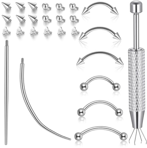 Eyebrow Piercing Jewelry with Piercing Tool Surgical Steel Curved Barbell | Internally Threaded Eyebrow Rings with CZ, Ball & Spike Replacement Ends Rook Ring Vertical Labret Lip Jewelry