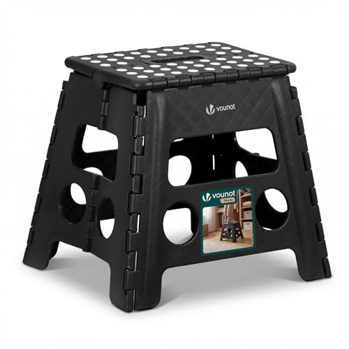 VOUNOT® Folding Step Stool, Portable Stepping Stool with Carrying Handle, Anti-Slip Folding Stool for Bathroom, Garden, Camping, Home, 37 x 30 x 32.5 cm, Black