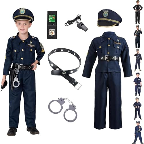 116 - Disfraz de policía para niños, color negro, para carnaval, policía, uniforme de policía, 7 piezas, incluye camisa, pantalones, sombrero, cinturón, silbato, esposas, 98 122