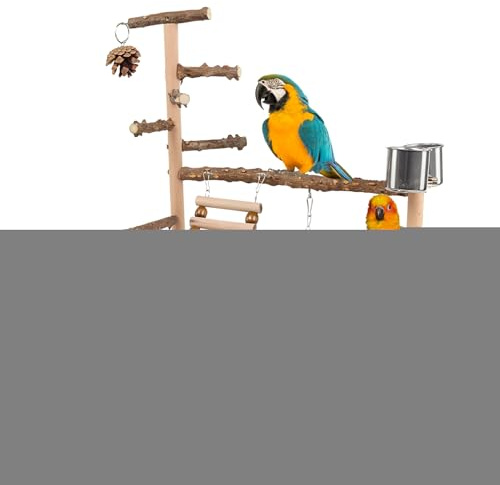 Parque de Juegos para Aves - Gimnasio De Juego De Madera - Escalera para Loros con Taza y Bandeja de Acero Inoxidable - para Cacatúa NINFA, Pinzón, Agapornis en Masticación, Entrenamiento, Ejercicio