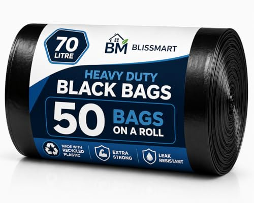 BLISSMART Black Bin Bags Heavy Duty 70 Litre 50 Pack – Strong Kitchen Bin Liners, Black Bags 70L Refuse Sacks for Swing & Pedal Bins, Leak Resistant Rubbish Bags Home Garden Office