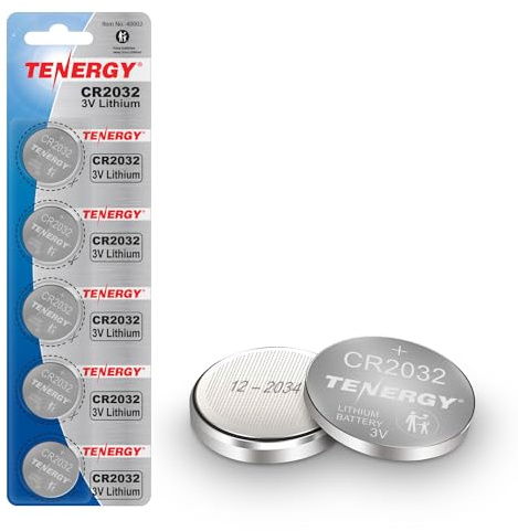 Tenergy 3V CR2032 Batteries, Lithium Button Coin Cell 2032 Battery, Compatible with AirTags, Key FOBs, Calculators, Coin Counters, Watches, Heart Rate Monitors, Glucometer, and More, 5 Count