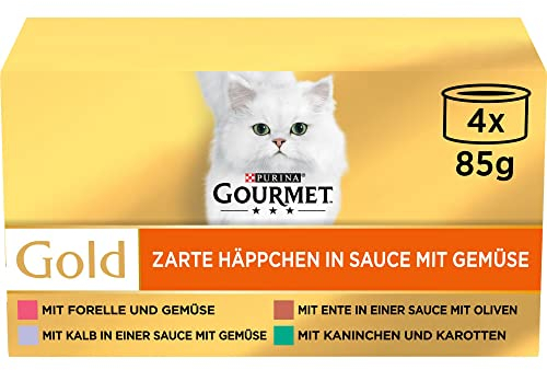 Gourmet Gold Zarte Häppchen in Sauce mit Gemüse Katzenfutter nass, Sorten-Mix, 12er Pack (12 x 4 Dosen à 85g)
